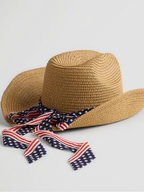 Collection XIIX Tan Straw Sun Hat with Americana Ribbon*